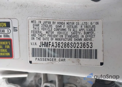 2006 Honda Civic Hybrid from USA, damaged, VIN JHMFA36286S023653